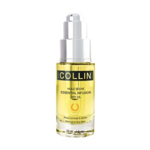 A bottle of collin facial oil on top of a white table.