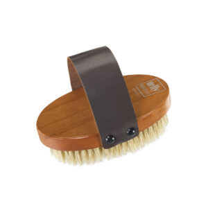 A wooden brush with a metal handle on top of it.